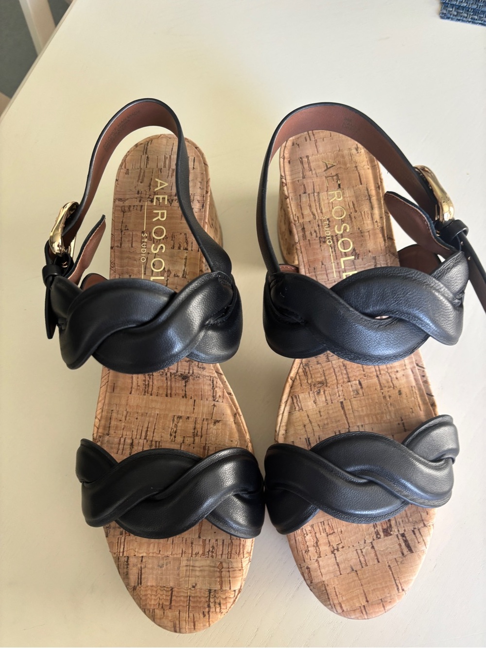 AEROSOLES Black Braided Strap Cork-Style Slingback Sandal